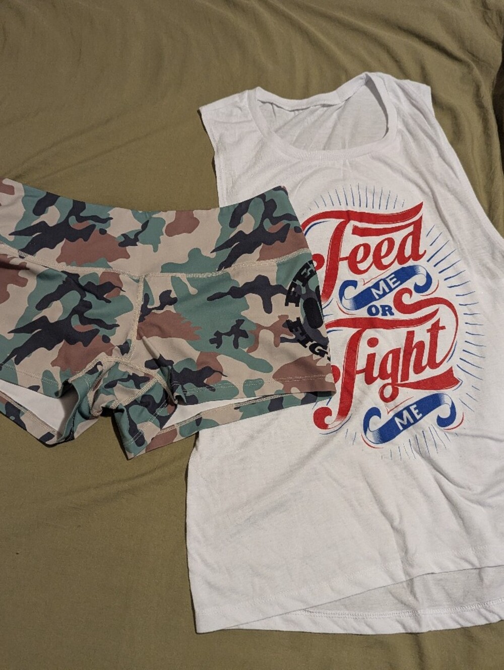 Camo Biker Shorts with White Graphic Tank